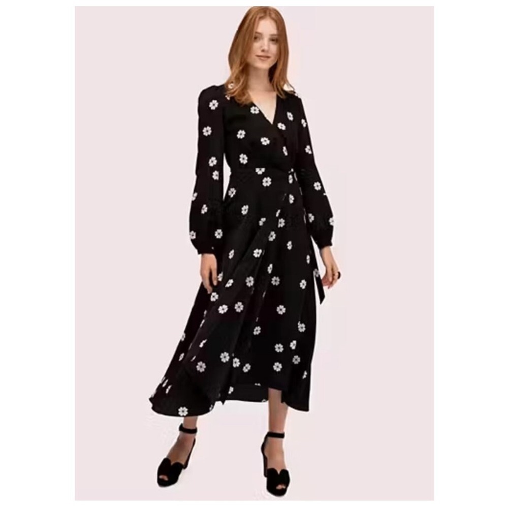 Kate Spade Black White Spade Floral Wrap Midi Dress Size 10